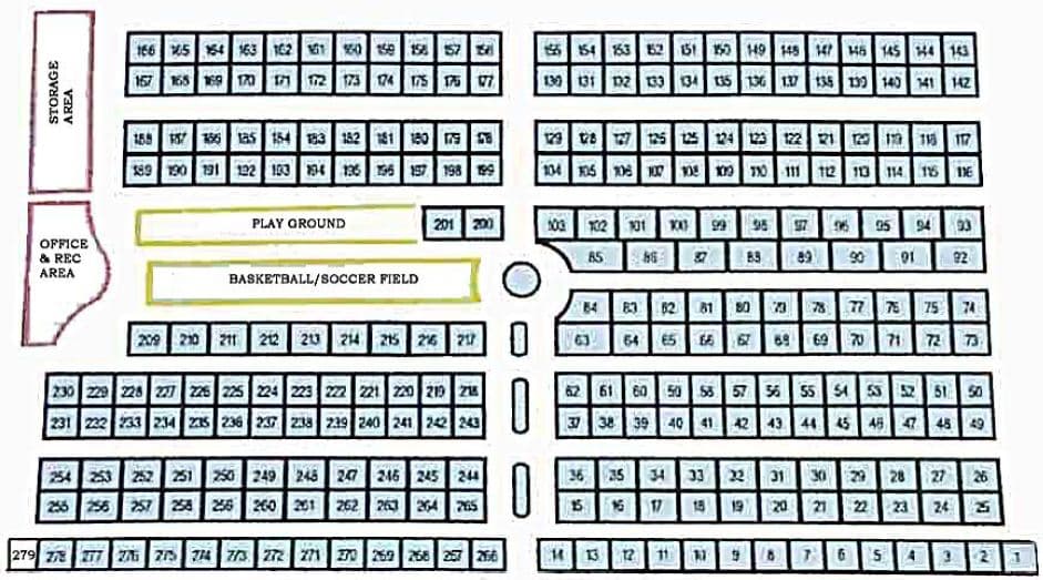 Site map of Sierra Pacific showing numbered lots, the office and rec area, playground, basketball and soccer field, and the storage area, off US Highway 95.